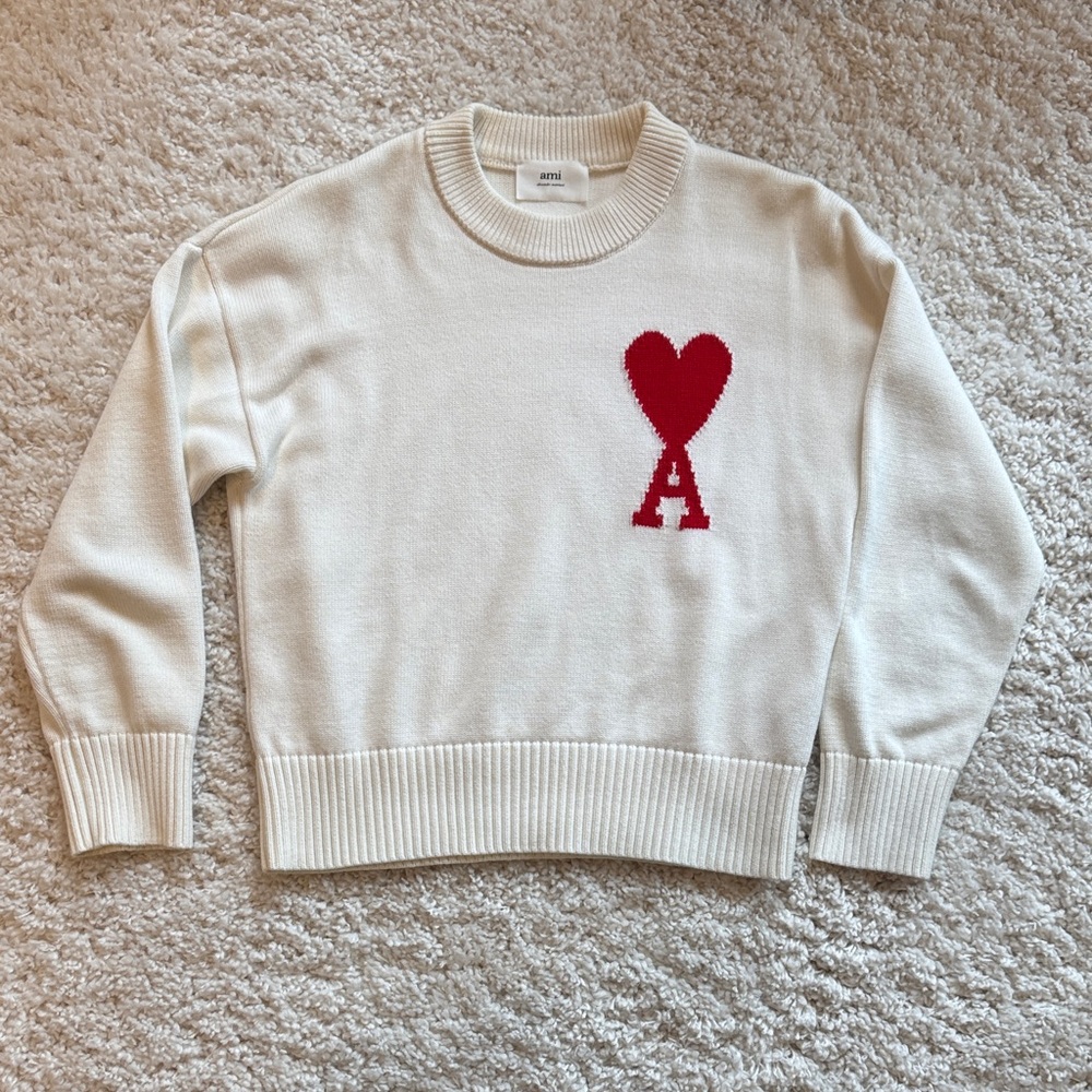 Ami Cream Sweater with Red Heart Logo